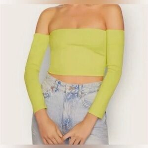 Susana Monaco neon yellow green off shoulder contour long sleeve crop top XS